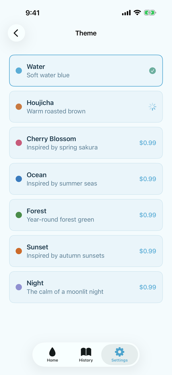 Theme picker screen. Seven themes: Water, Houjicha, Sakura, Ocean, Forest, Sunset, Night.